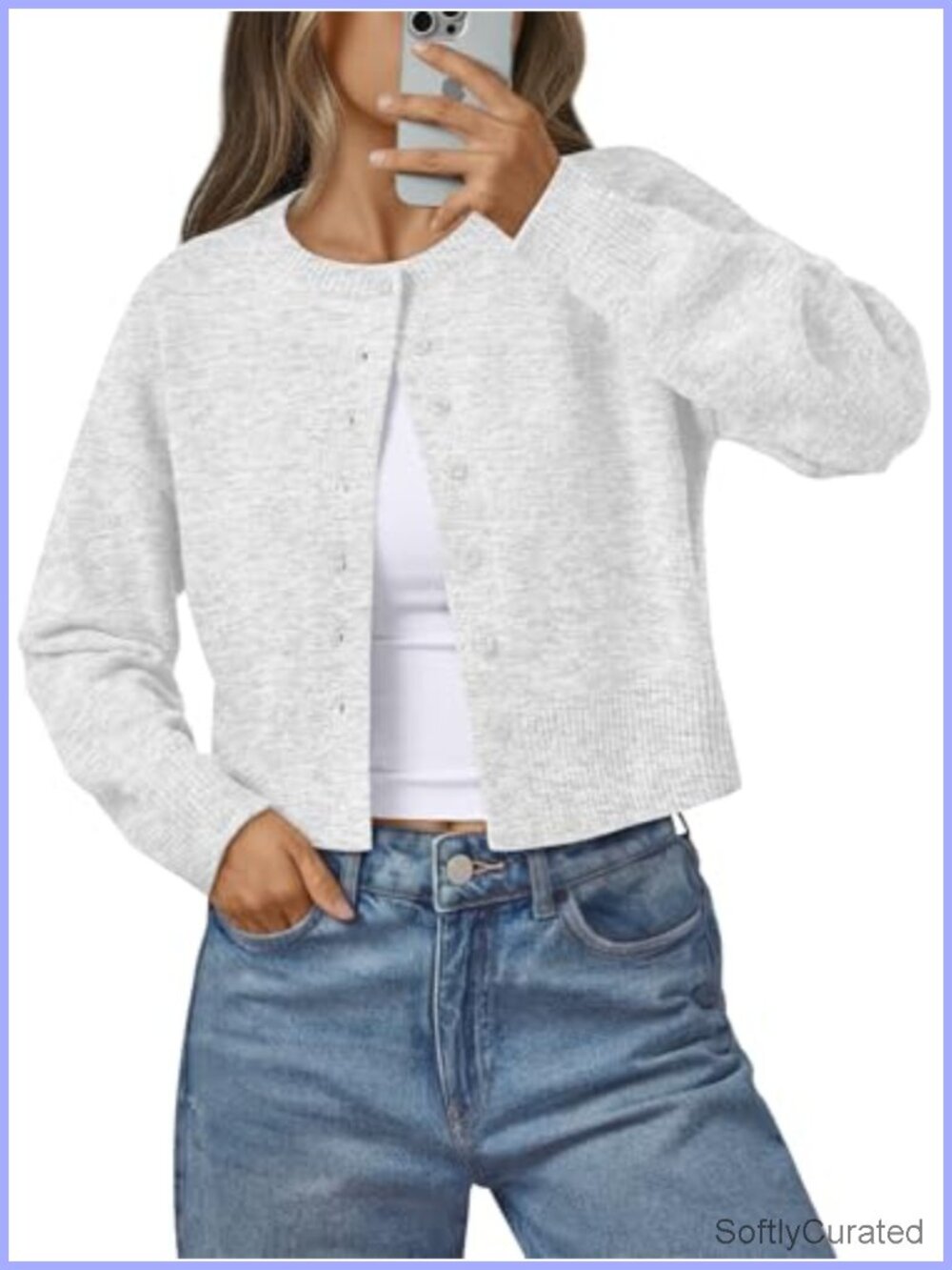 Lightweight Cropped Knit Cardigan Crew Neck Button Front Women's Sweater